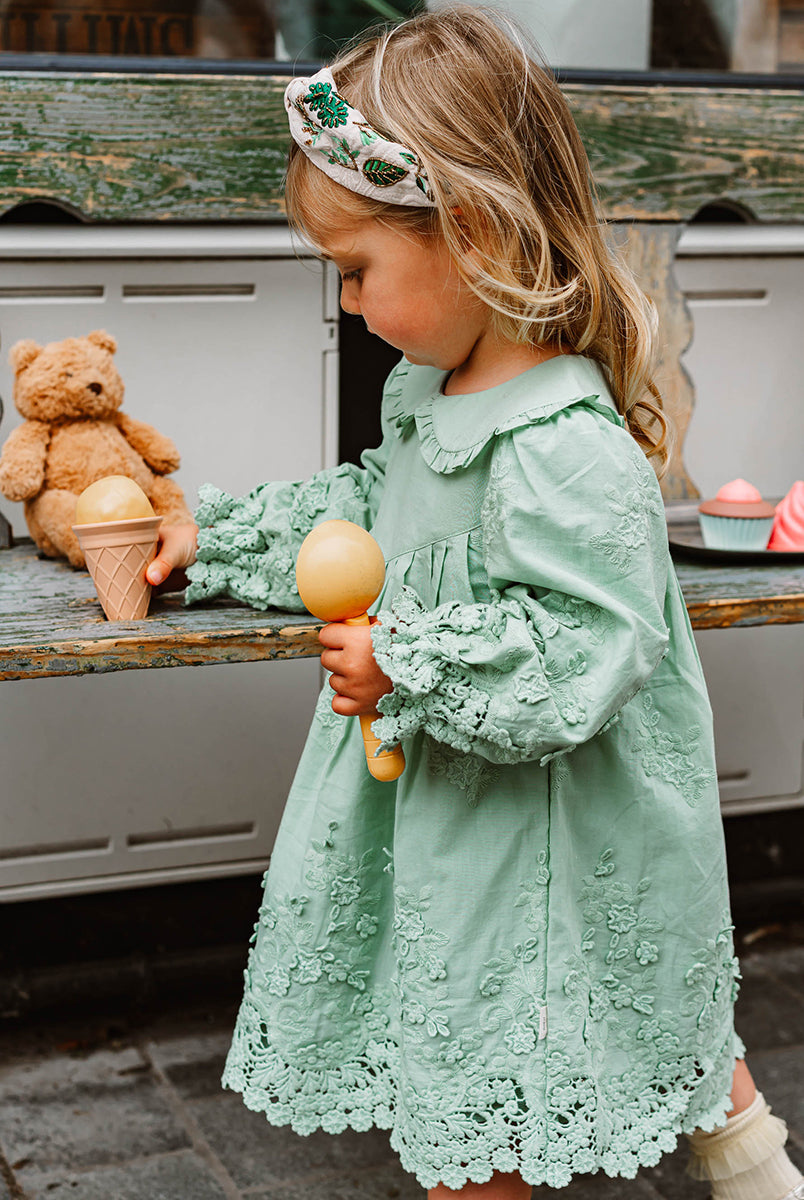 Lucerne Broderie Anglaise Dress, Pea Green – Happyology